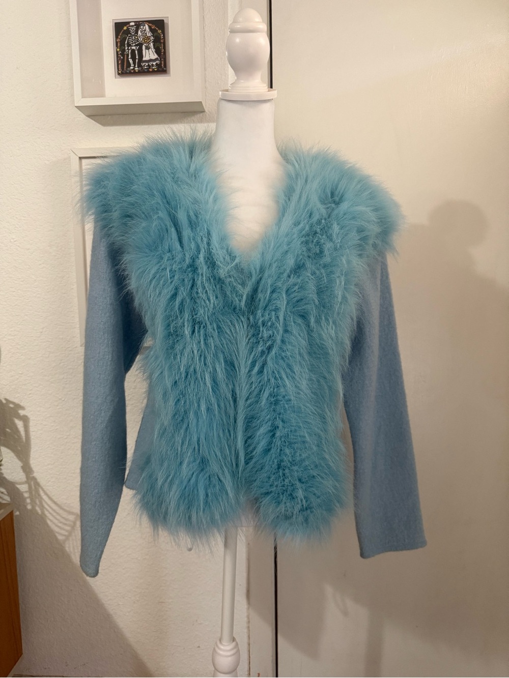 Lisa International Teal Blue Faux Fur Trim Wool Jacket
